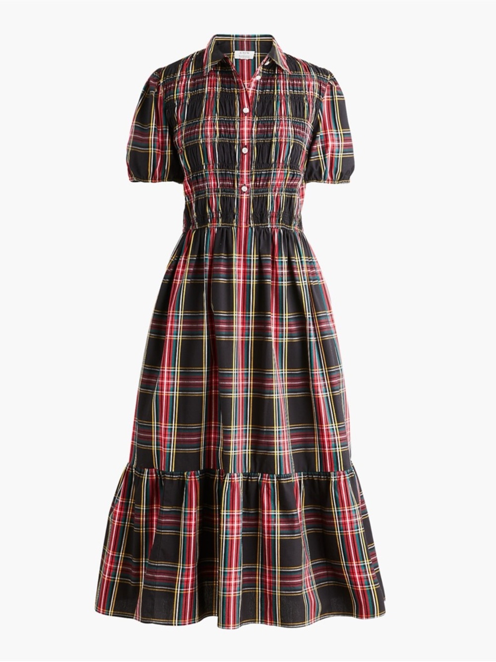 NEW J.Crew Tartan smocked midi shirt-dress Stewart Black M Medium NWOT